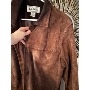 LL Bean Womens Petite Large Brown  Leather Jacket Coat Vintage Soft Nubuck